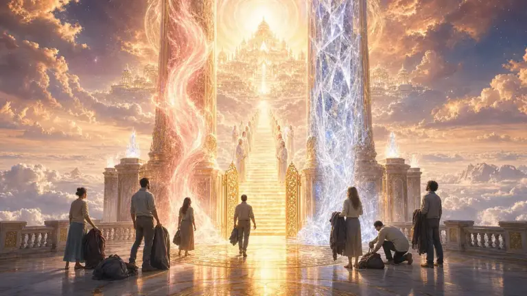 Dos grandes columnas de luz, una de fuego rosado y otra de cristal azul, a los lados de una puerta dorada; una escalera de luz asciende entre Maestros hacia una ciudad luminosa y, en primer plano, varias personas dejan sus fardos en el suelo