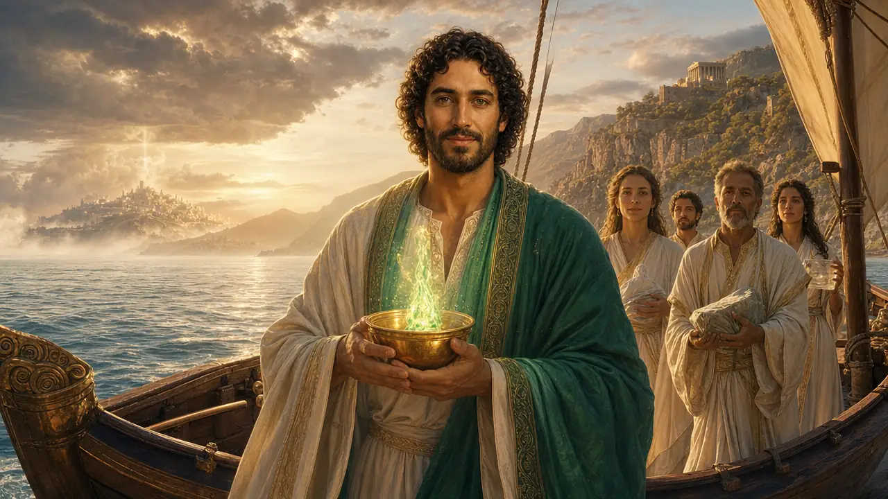 Hilarión, como sumo sacerdote vestido de blanco y verde, sostiene un cuenco dorado con una llama verde en la proa de un barco que se acerca a la costa de Grecia, seguido por sacerdotes que custodian objetos sagrados