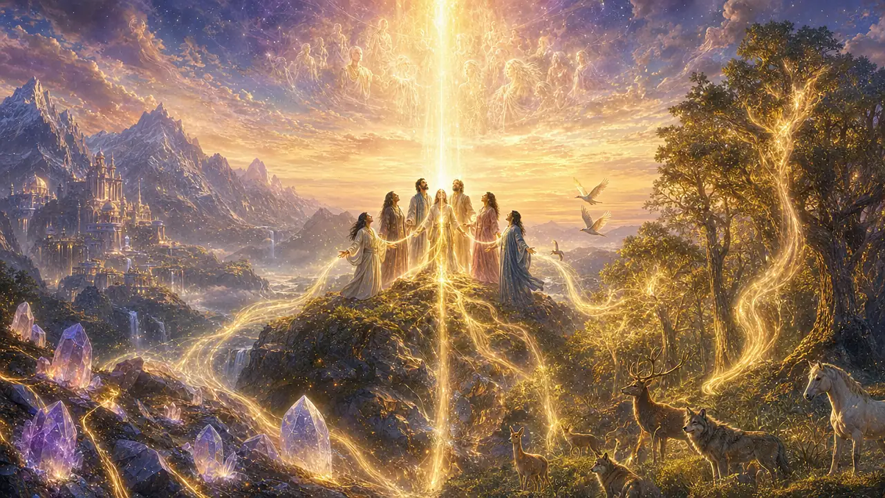 Un grupo de personas sobre una colina recibe una columna de luz del cielo y la transmite a cristales, árboles y animales