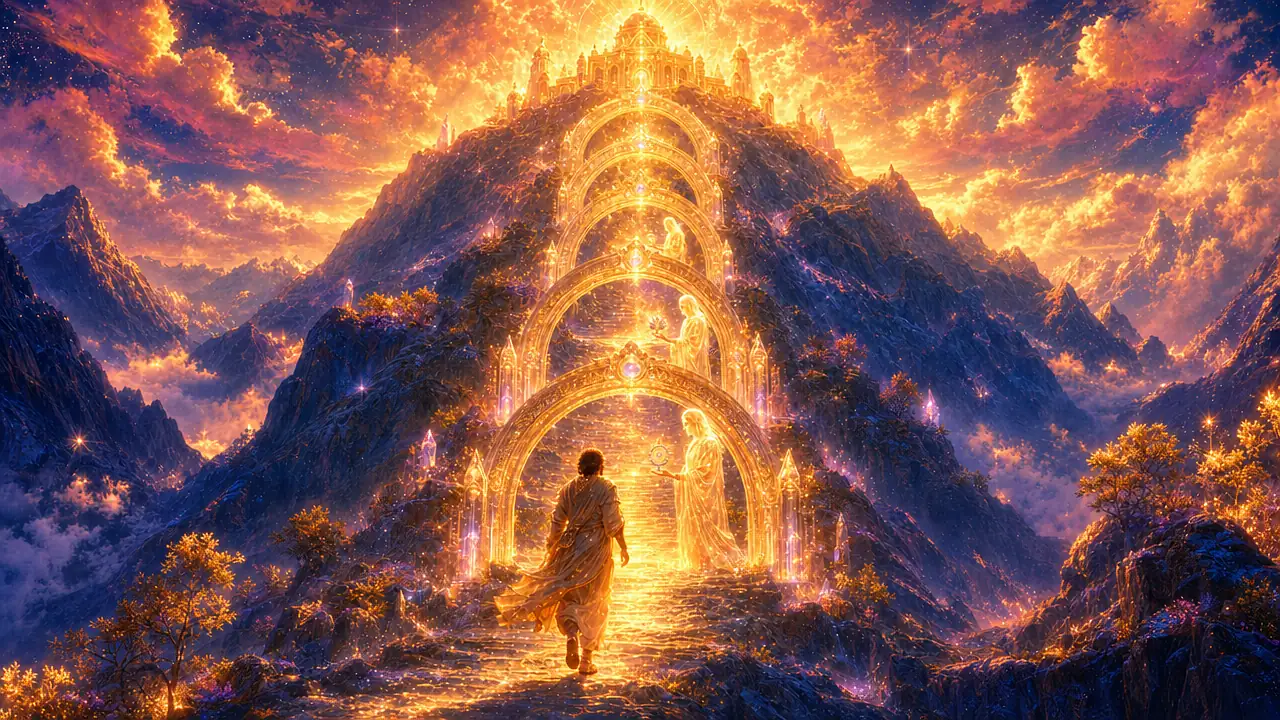 Una figura humana camina de espaldas por un sendero de montaña y atraviesa cinco umbrales de luz, cada vez más amplios, hacia un templo en la cumbre