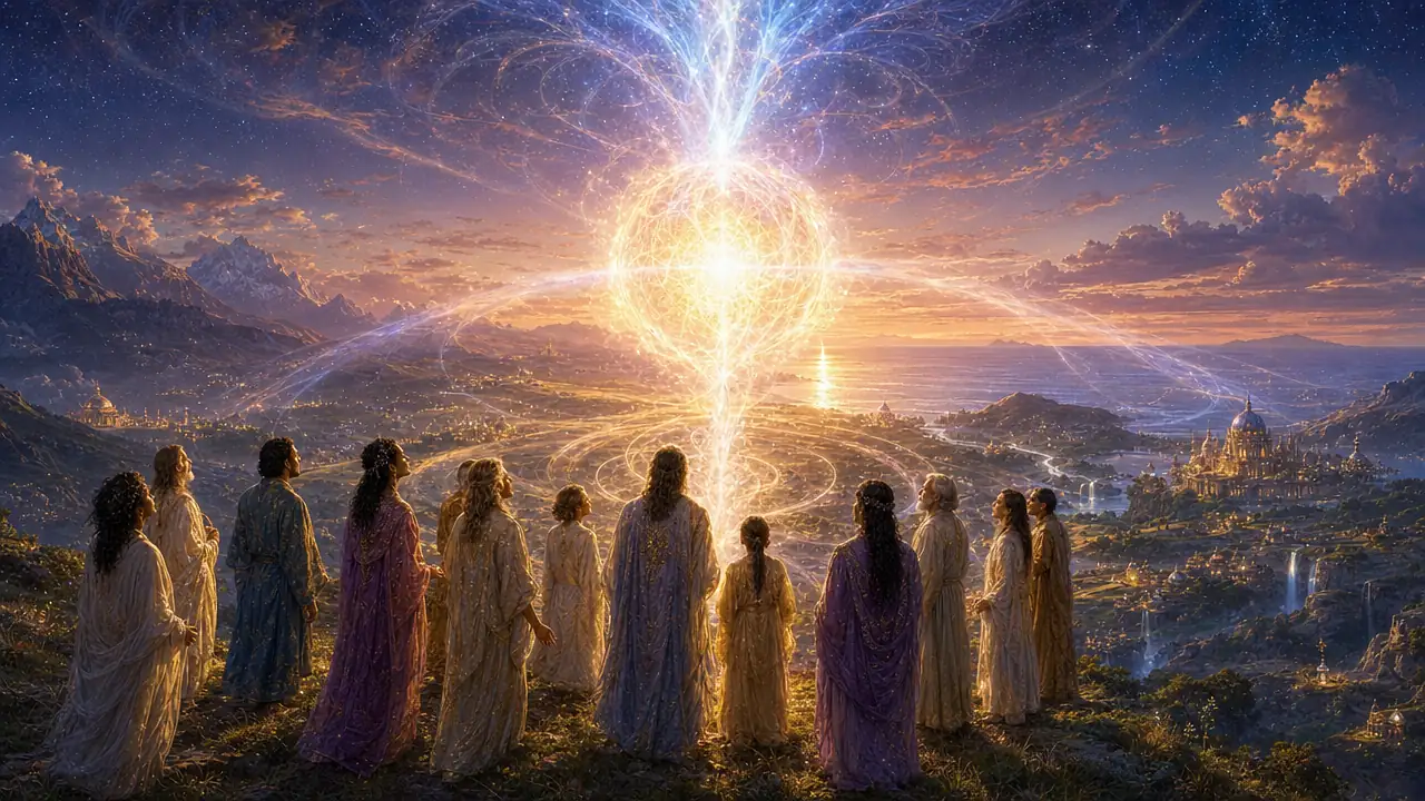 De un grupo que invoca asciende una columna de luz rosa y dorada, del cielo desciende una corriente azul y blanca, y ambas se encuentran en una esfera que se extiende sobre campos y aldeas