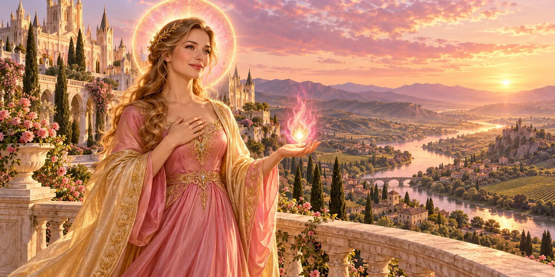 Una mujer de cabello rubio dorado ondulado, con vestido rosa bordado en oro, manto dorado y un halo de luz rosa, sostiene una pequeña llama rosa en la palma de la mano en una terraza de mármol con rosas, ante un castillo luminoso y un valle con río al amanecer
