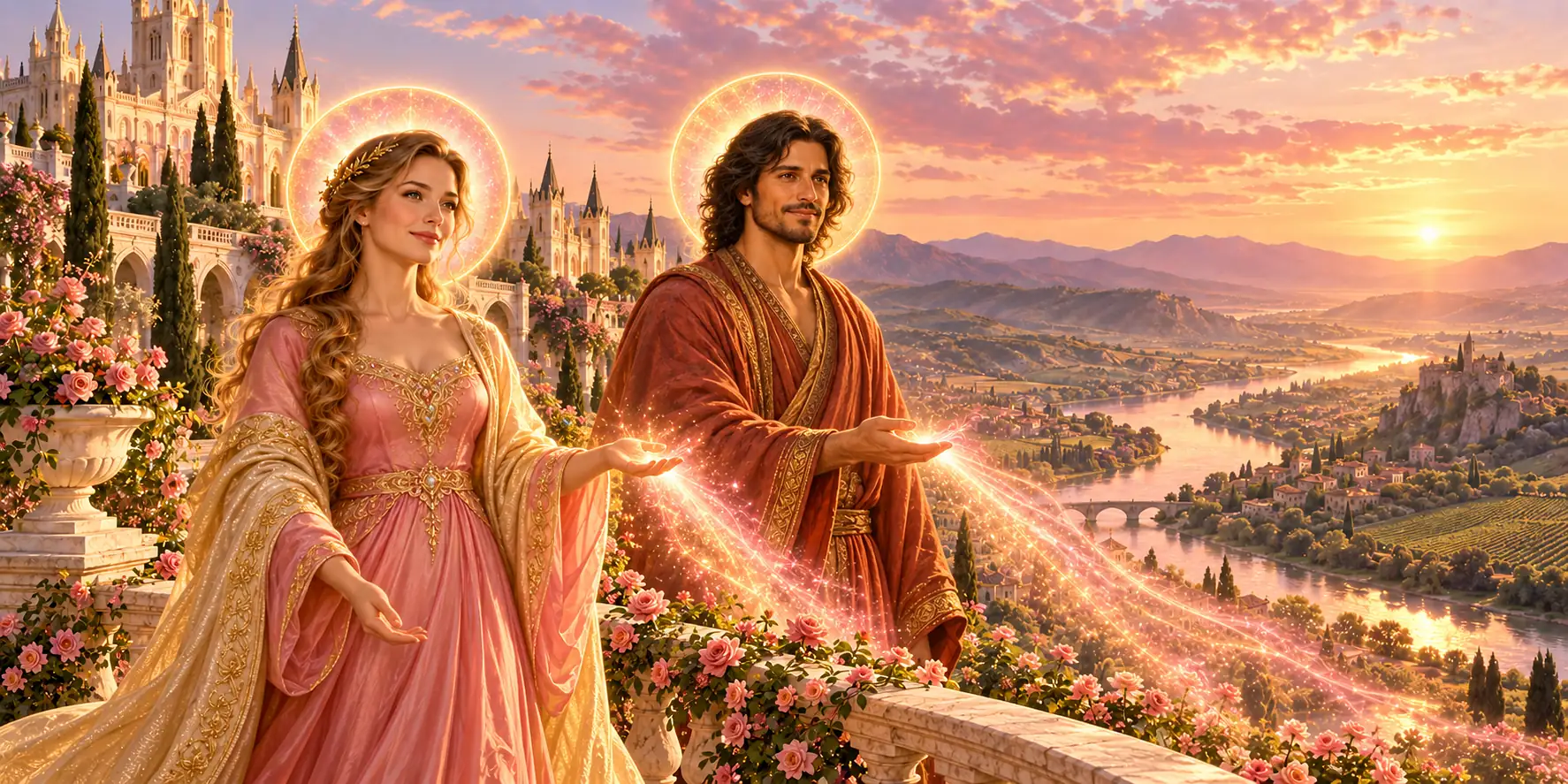 Una mujer con vestido rosa y dorado y un hombre de cabello oscuro y túnica terracota, ambos con halos de luz rosada, de pie uno junto a otro en una terraza de rosas sobre un valle al atardecer, con un haz de luz rosa entre sus manos