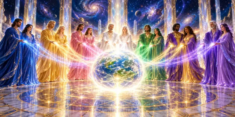 Siete parejas de seres luminosos, cada una con el color de su rayo (azul, dorado, rosa, blanco, verde, púrpura y oro, violeta), rodean en un templo cósmico una esfera de luz donde toma forma la Tierra