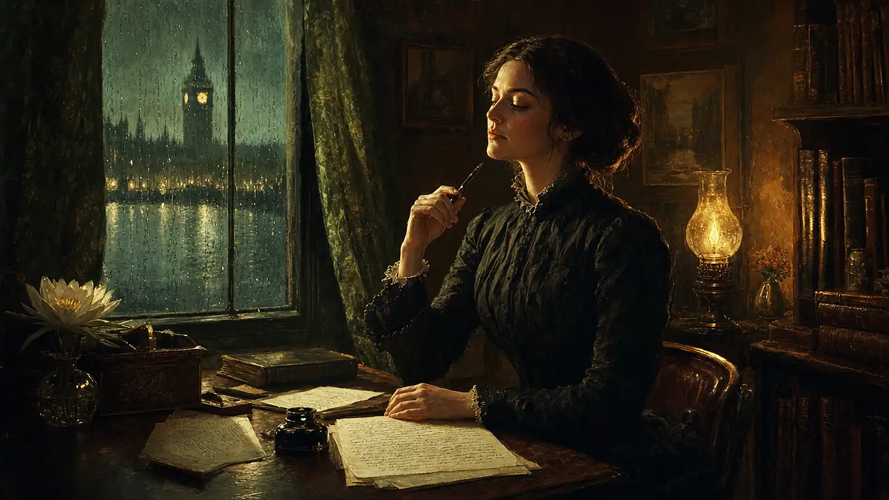 Una escritora victoriana con vestido oscuro hace una pausa, pluma en mano y ojos entornados, ante unas hojas manuscritas junto a una lámpara de gas, una flor de loto blanca y una ventana con lluvia sobre el Támesis