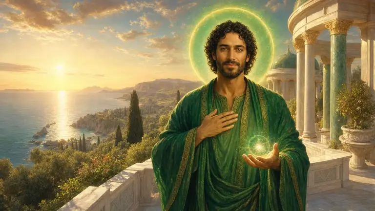 El Maestro Hilarión, de cabello oscuro rizado, barba corta y túnica verde esmeralda con bordados dorados, se lleva una mano al pecho y ofrece con la otra una pequeña luz verde en la terraza de un templo de mármol sobre la costa de Creta al amanecer
