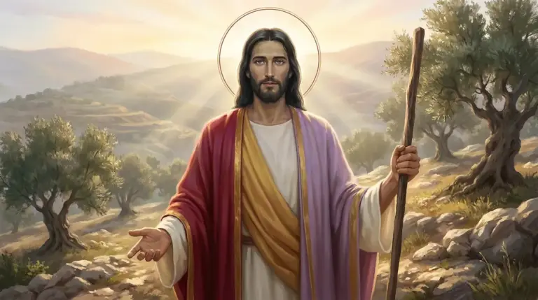 Un hombre alto y delgado de Tierra Santa, de rostro largo y fino, cabello negro y ojos azules serenos, viste túnica blanca con manto de oro rubí y sostiene un bastón de pastor en una colina de olivos al amanecer, con un sutil halo de luz rubí dorada tras su cabeza