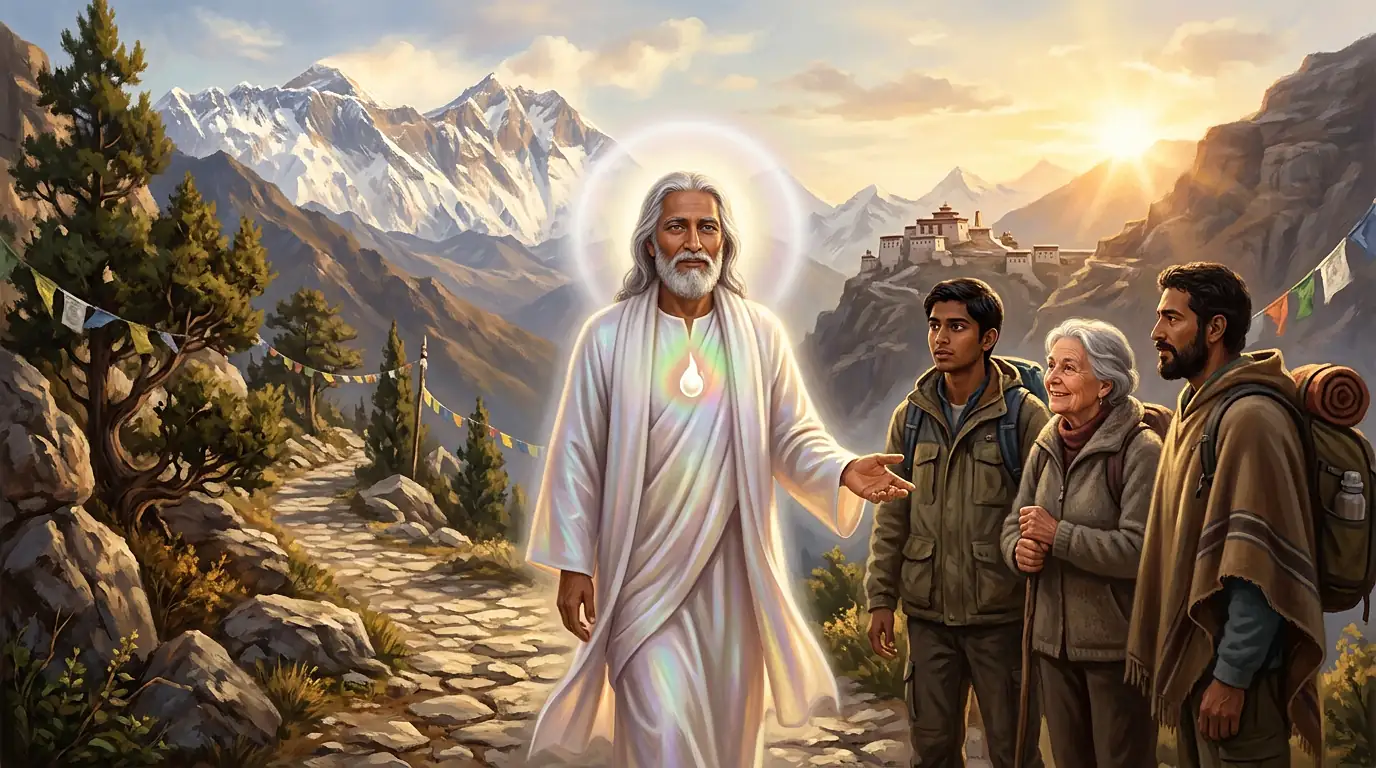 Un Maestro venerable de túnica blanca saluda a un grupo de caminantes de distintas edades en un sendero del Himalaya al amanecer, con cumbres nevadas y un monasterio al fondo