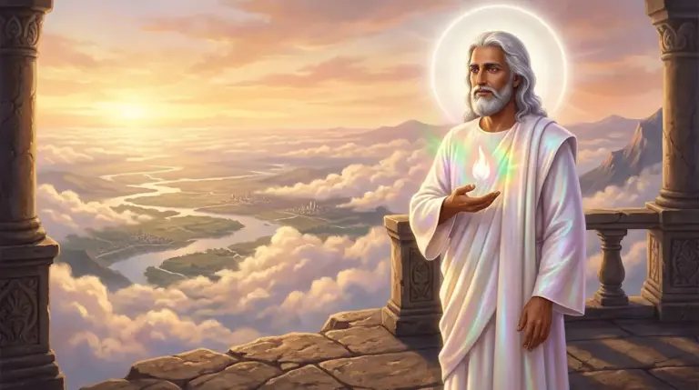 Un Maestro venerable de cabello y barba plateados, con túnica blancoperla, presenta una pequeña llama blanca con matices arcoíris sobre una terraza elevada al amanecer, con el mundo dormido a sus pies