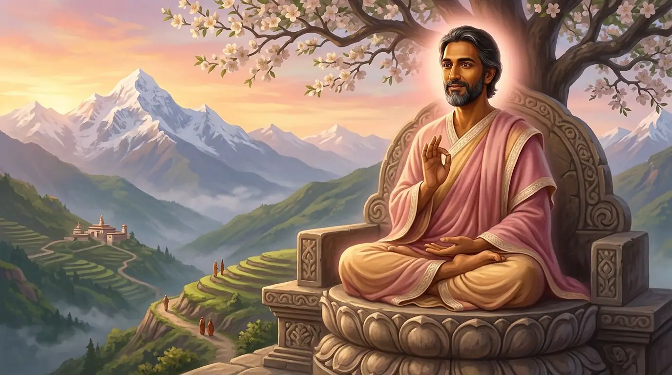 Maitreya, el Buda del futuro, sentado con dignidad contemplativa bajo un árbol florido sobre un asiento de loto y piedra, con túnica rosa y dorada y una suave aura de luz rosa dorada, mientras unos peregrinos minúsculos caminan lejos entre colinas y cumbres nevadas