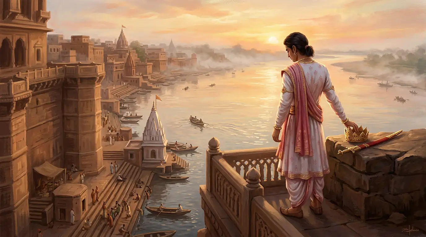 Un joven príncipe indio de blanco y rosa, visto de espaldas, deja su corona y su espada sobre un pretil de piedra en una terraza de Benarés al amanecer, con el río Ganges, las escalinatas, los barcos y un templo blanco al fondo entre la bruma