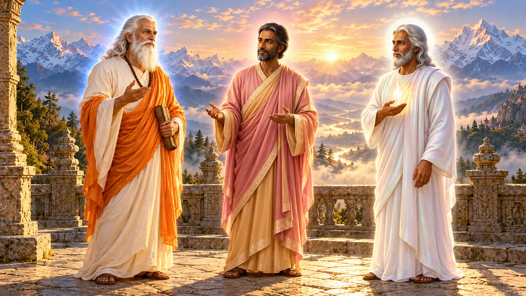Tres Maestros conversan en una terraza del Himalaya al amanecer: uno de barba blanca con túnica azafrán, otro con túnica rosa y dorada y un tercero vestido de blanco perla