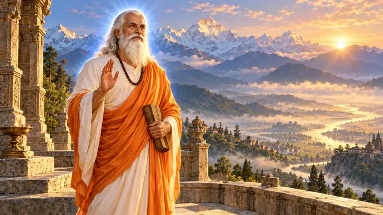 Un Maestro majestuoso de cabello y barba blancos, con túnica blanca y chal azafrán, bendice con la mano alzada desde una terraza de piedra del Himalaya al amanecer, con un aura azul blanca y un manuscrito de hojas de palma