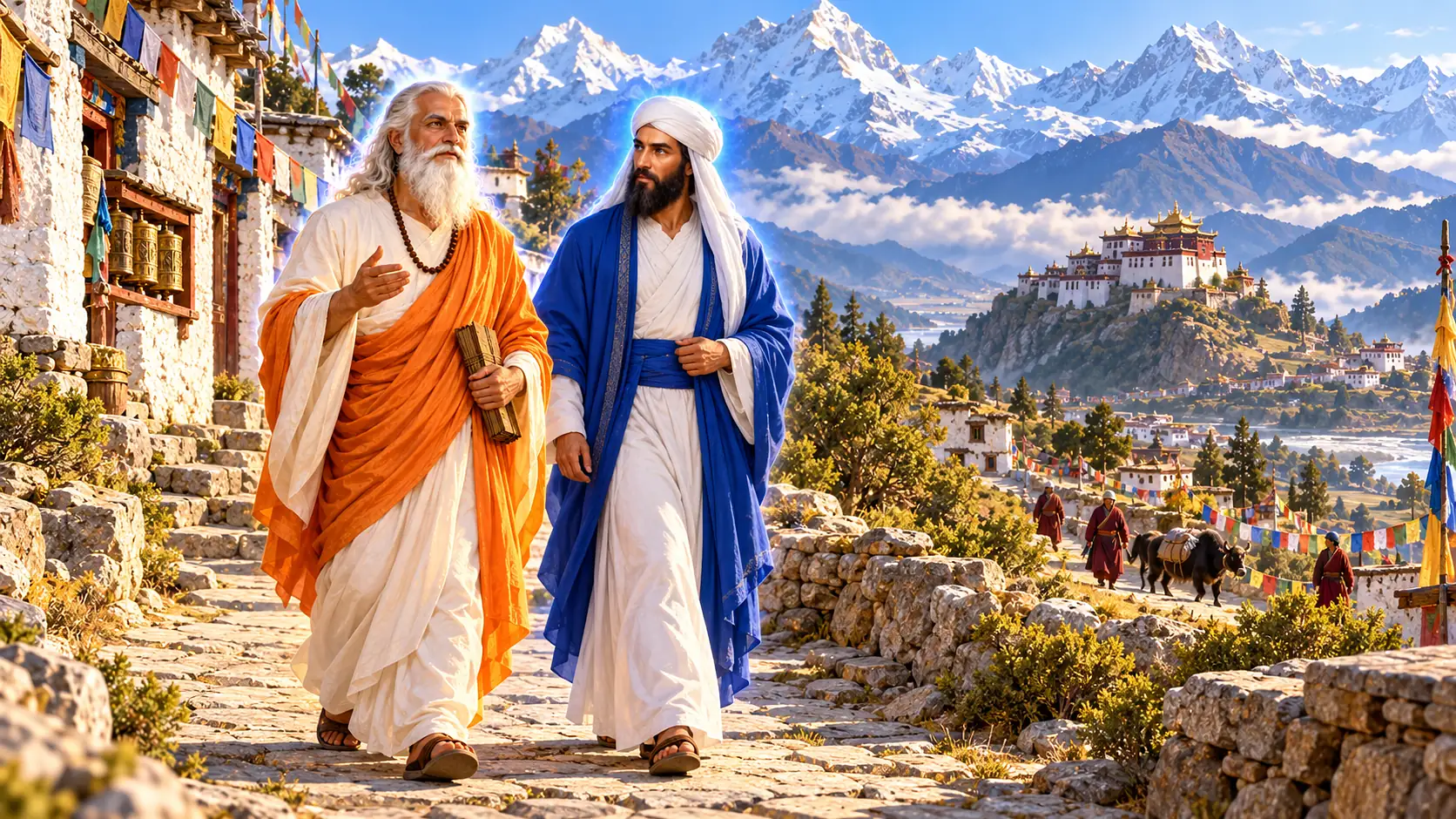 Un Maestro de barba blanca y túnica azafrán camina junto a un Maestro de turbante blanco y túnica azul por un sendero de piedra del Tíbet, con banderas de oración y un monasterio al fondo