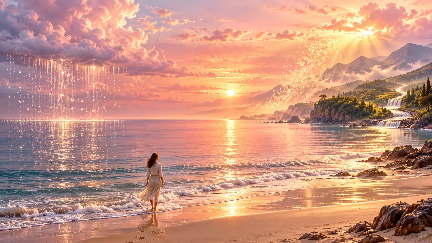 Un mar en calma al amanecer rosado, con una lluvia de gotas luminosas que cae de las nubes y una neblina brillante que sube del agua, y una mujer vista de espaldas que camina descalza por la orilla de una playa