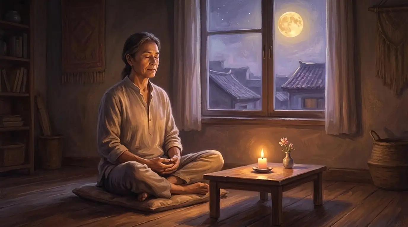 Una persona medita sentada sobre un cojín en una habitación tranquila de noche, con una vela encendida y una flor en una mesa baja y la luna llena brillando por la ventana