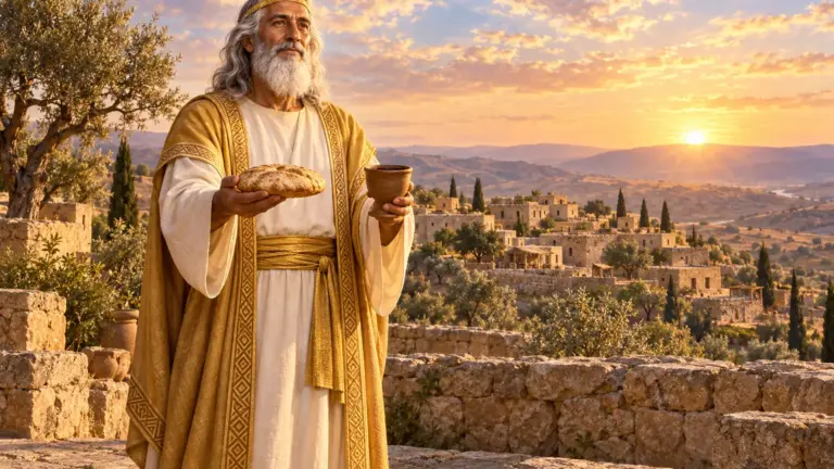 Melquisedec, venerable rey y sacerdote de Salem de cabello y barba blancos, con túnica de lino blanco, manto dorado y una fina diadema de oro, ofrece un pan redondo y una copa de vino en una terraza de piedra al amanecer, con la antigua ciudad de Salem entre olivos y cipreses al fondo