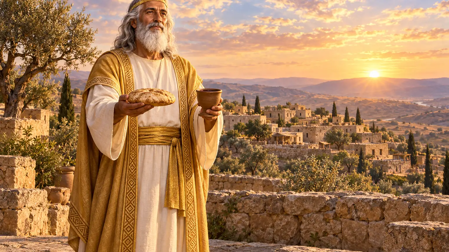 Melquisedec, venerable rey y sacerdote de Salem de cabello y barba blancos, con túnica de lino blanco, manto dorado y una fina diadema de oro, ofrece un pan redondo y una copa de vino en una terraza de piedra al amanecer, con la antigua ciudad de Salem entre olivos y cipreses al fondo