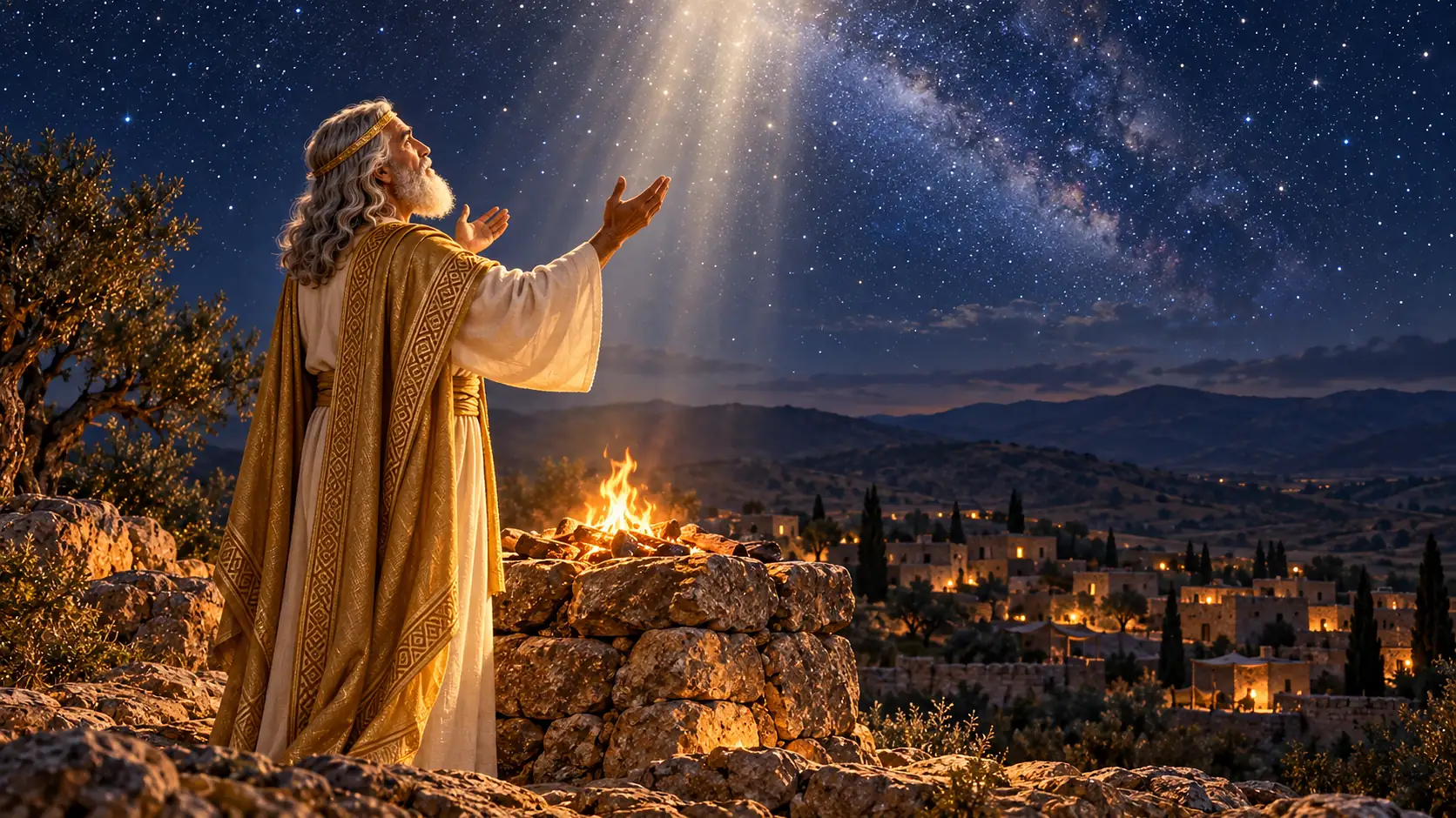 Melquisedec, con túnica blanca y manto dorado, ora con los brazos alzados ante un altar de piedras sin labrar con fuego, bajo un cielo estrellado del que desciende una suave columna de luz, sobre la ciudad dormida de Salem