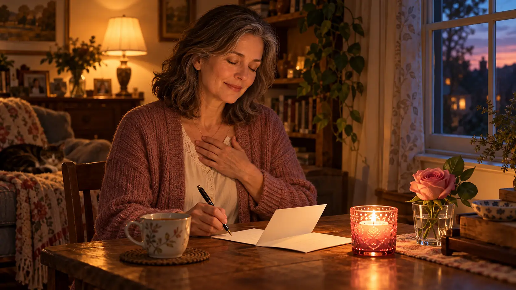 Una mujer de cabello canoso y ojos entrecerrados, con una mano en el corazón, escribe una tarjeta a mano en una mesa de madera junto a una vela en un vaso rosa, una taza de té y una rosa, en el hogar al anochecer