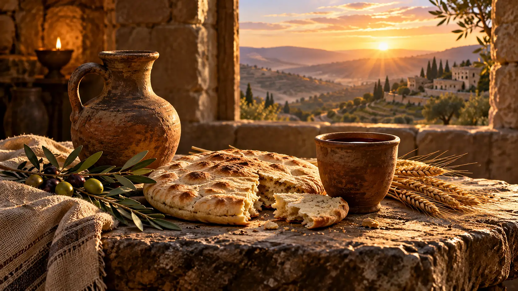 Pan ácimo redondo partido, una copa de barro con vino tinto, un cántaro, una rama de olivo y espigas de trigo sobre una mesa de piedra antigua, con colinas de terrazas y el sol naciente al fondo