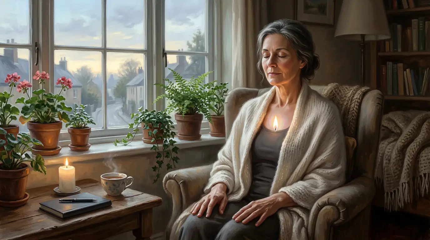 Una mujer medita con los ojos cerrados en un sillón junto a la ventana al amanecer, con una pequeña llama blancoperla encendida en el pecho y una vela sobre la mesa