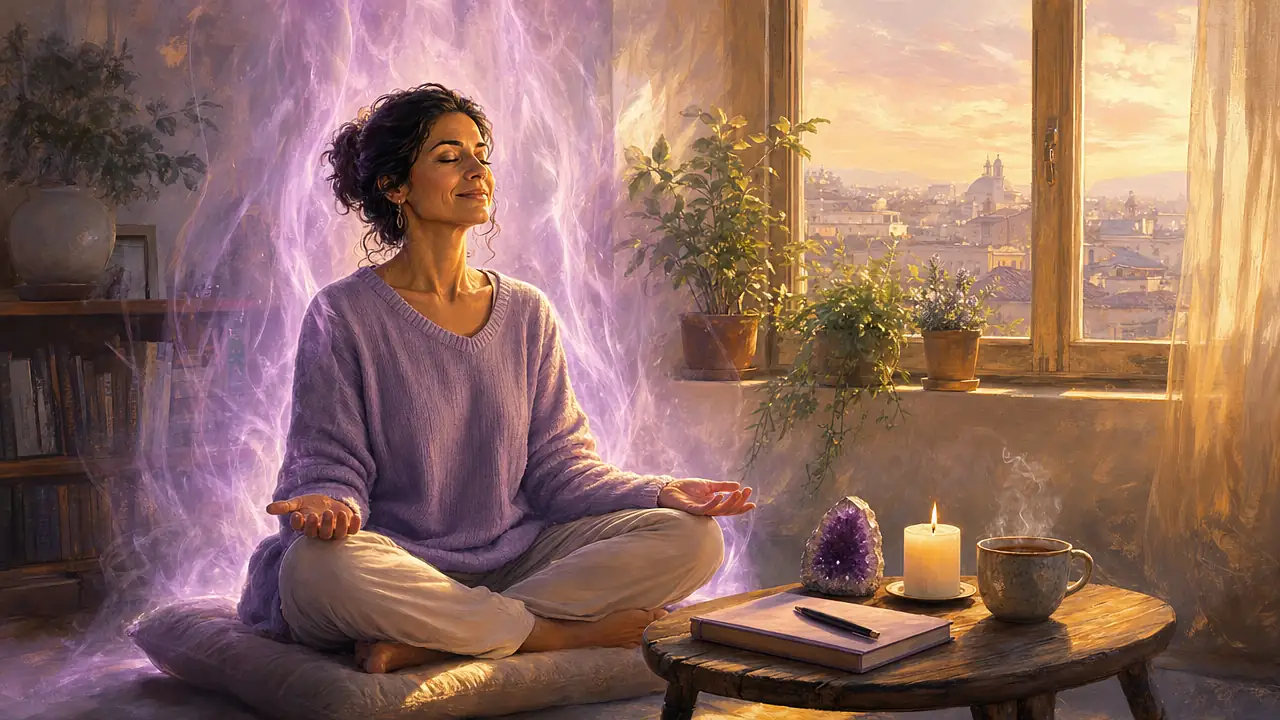 Una mujer medita con los ojos cerrados y las manos abiertas sobre un cojín junto a la ventana, envuelta en una suave luz violeta, con una amatista, una vela y una taza de té en la mesa
