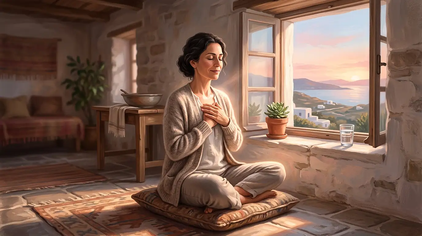Una mujer de unos cuarenta años medita sentada junto a una ventana abierta al amanecer, con las manos sobre el corazón y una suave luz rosa dorada brillando en su pecho, junto a una planta y un vaso de agua