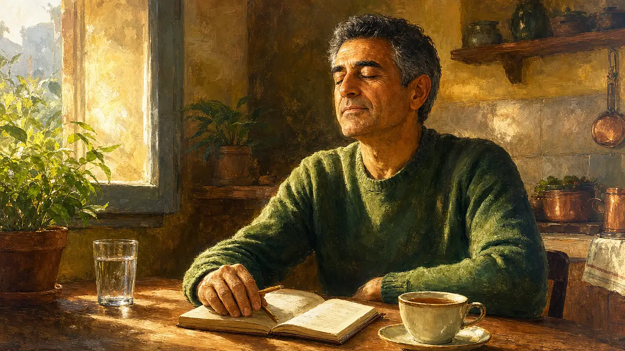 Un hombre de unos cincuenta años con jersey verde cierra los ojos un momento junto a un cuaderno abierto, un vaso de agua, una taza de té y una planta, en una cocina con luz de mañana