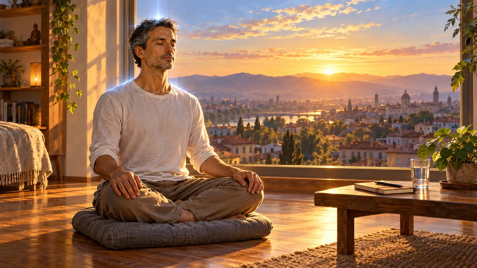 Un hombre medita sentado en un cojín junto a una gran ventana al amanecer, con la espalda recta y una luz azul blanca muy suave sobre la cabeza, con una libreta y un vaso de agua en la mesa