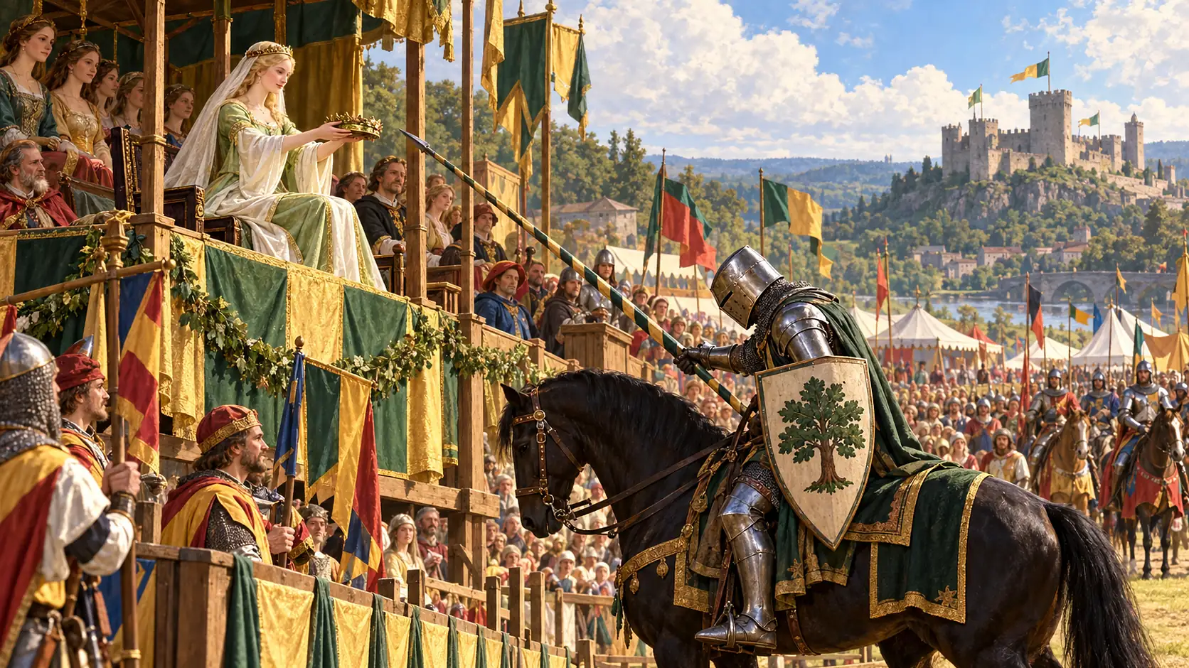 Escena de torneo medieval al estilo de una ilustración romántica: una dama sajona con velo y vestido verde y blanco sostiene una corona de honor en una tribuna, mientras un caballero con armadura y escudo con un árbol, a caballo, le inclina su lanza