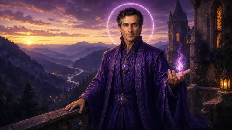 Saint Germain, de cabello oscuro ondulado y túnica violeta con colgante de amatista, sostiene una pequeña llama violeta en la palma de la mano en la terraza de un castillo sobre los Cárpatos al atardecer