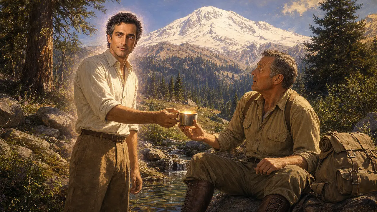 Junto a un manantial al pie del monte Shasta nevado, un joven de cabello oscuro ofrece una taza con un líquido luminoso a un excursionista de mediana edad vestido al estilo de los años treinta