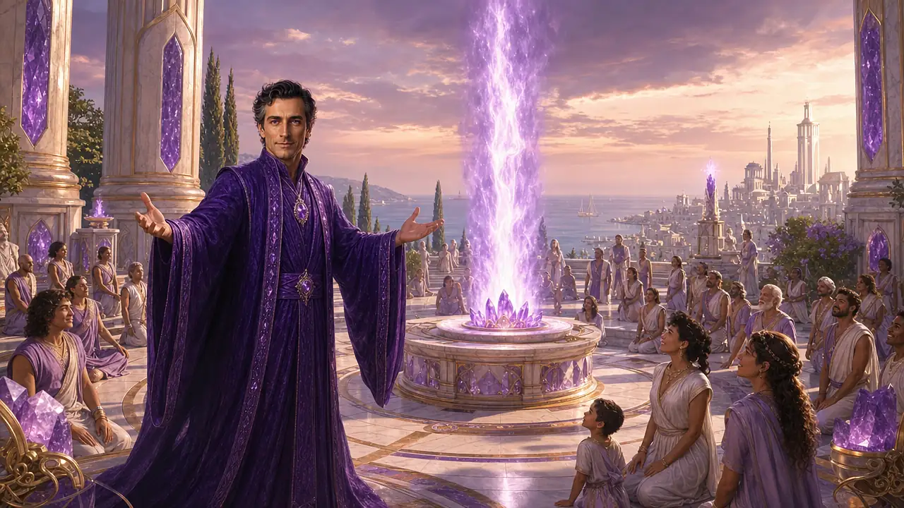 Saint Germain, con túnica violeta, abre los brazos junto a una gran columna de llama violeta en un templo circular de mármol y amatista, rodeado de personas que se acercan en paz junto al mar