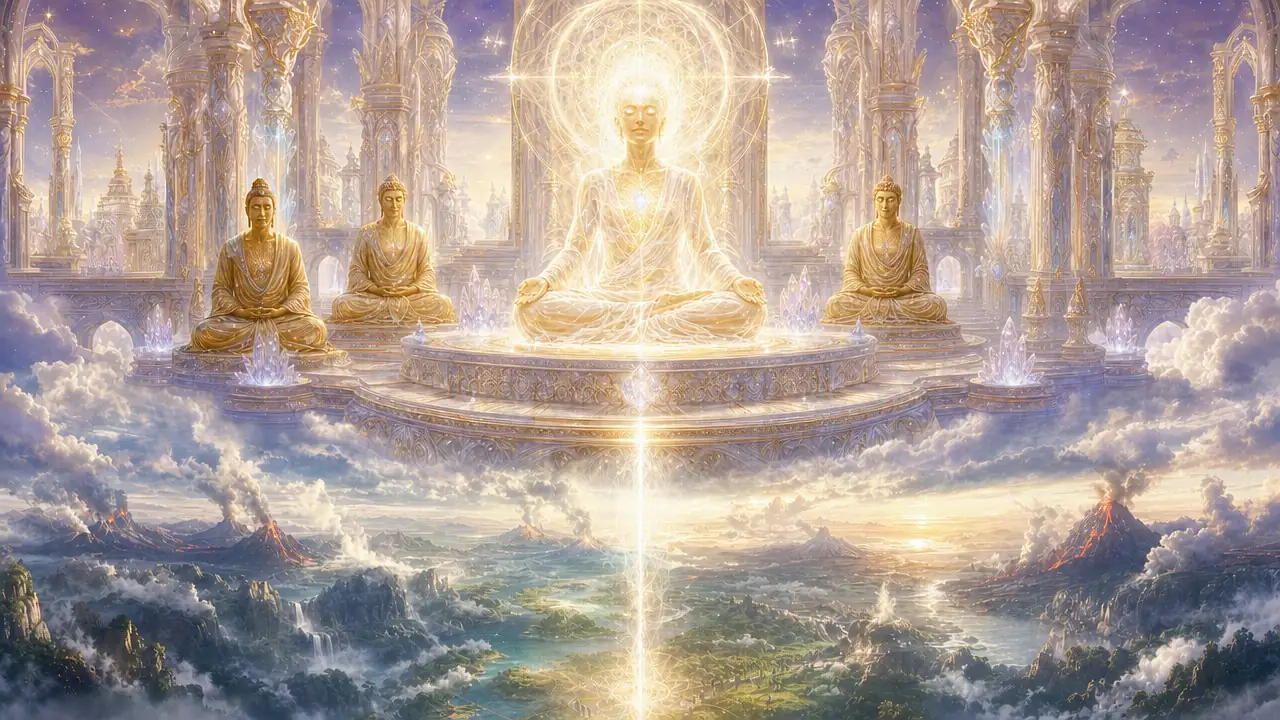Sanat Kumara sentado en meditación en un santuario de luz, acompañado por tres Budas de Actividad, sobre la Tierra joven de la época lemuriana