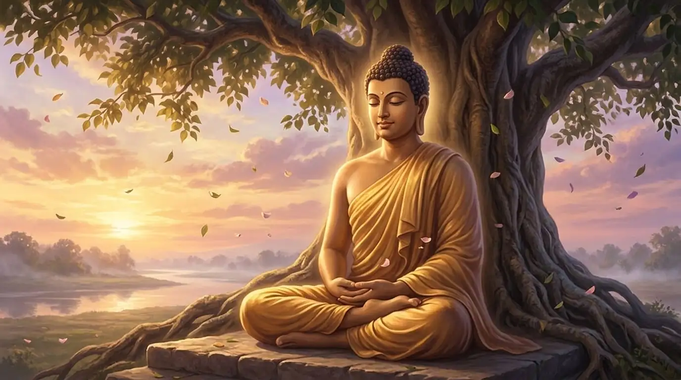 Un Buda sereno de túnica azafrán dorada y ushnisha medita sentado bajo el gran árbol Bodhi al alba, con la luz dorada entre las hojas y pétalos cayendo
