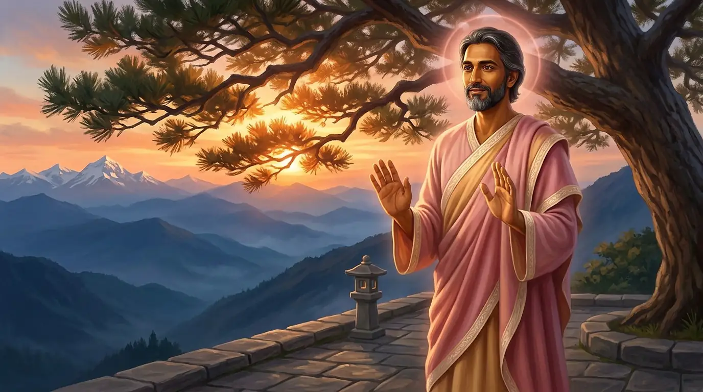El Señor Maitreya, de túnica rosa y dorada, bendice con las manos alzadas bajo un gran pino de un jardín del Himalaya al atardecer, con la luz del sol entrando entre las ramas y las montañas desvaneciéndose en la bruma azul
