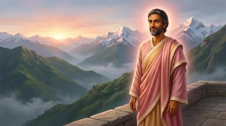 El Señor Maitreya, Maestro de edad indescifrable con túnica rosa y dorada y una leve sonrisa, de pie en una terraza del Himalaya al amanecer, rodeado de una aura de luz rosa dorada, con valles brumosos y cumbres nevadas al fondo