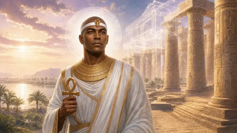 Serapis Bey, hombre egipcio de piel oscura con la cabeza rasurada, cinta blanca con un ureo dorado, collar de oro y túnica blanca, sostiene un ankh junto a las columnas del Templo de Luxor al amanecer, con un halo de luz blanca y un templo de cristal luminoso sobre las piedras