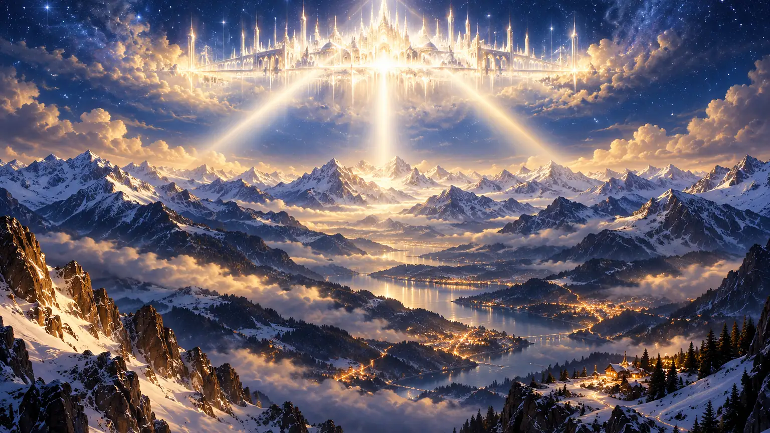 Una ciudad etérea de luz blanca y dorada flota sobre una cordillera nevada en la noche estrellada y envía tres rayos de luz en forma de triángulo hacia los valles iluminados de la tierra