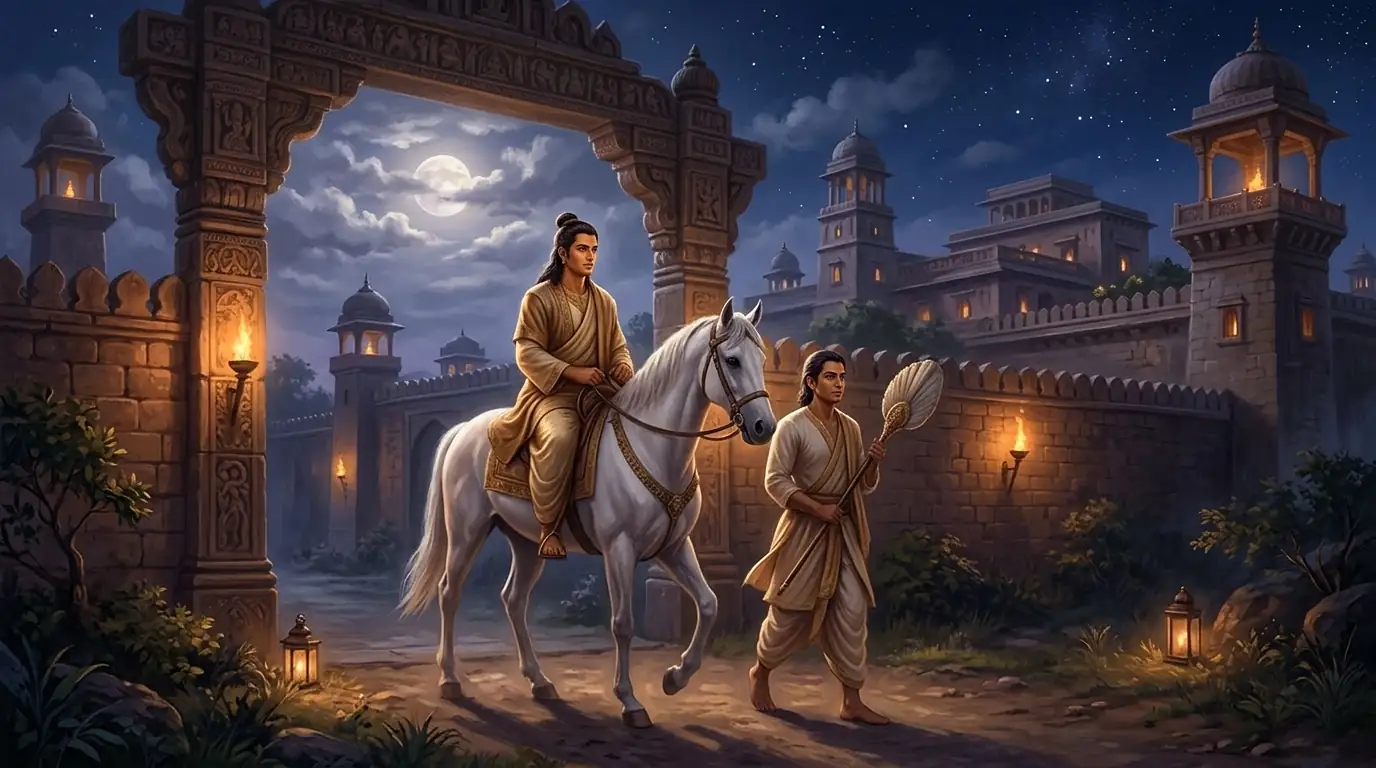 El joven príncipe Siddhartha cabalga de noche a través de la puerta de la ciudad de Kapilavastu sobre un caballo blanco, con su criado a su lado y los palacios dormidos al fondo bajo un cielo estrellado