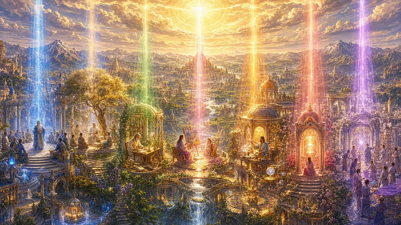 Siete columnas de luz de colores iluminan a un gobernante, un maestro con sus alumnos, un filósofo, artistas, un científico, un devoto y un grupo que organiza una ceremonia