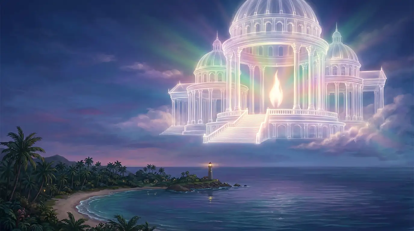 Un templo etérico de luz blancoperla flota sobre un mar tranquilo al anochecer, con una llama suave de la que se desprenden leves rayos de arcoíris entre las nubes