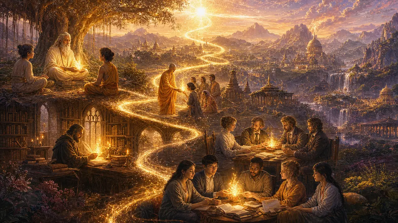 Una misma llama de luz pasa de un rishi de la India a un monje budista, a un sabio medieval, a un grupo del siglo XIX y a personas de hoy que estudian juntas